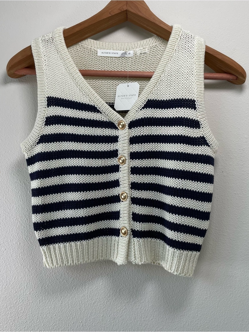 NEW Altar'd State Crochet Stripe Vest size XS Adrian Navy Cream Crop Button Gold